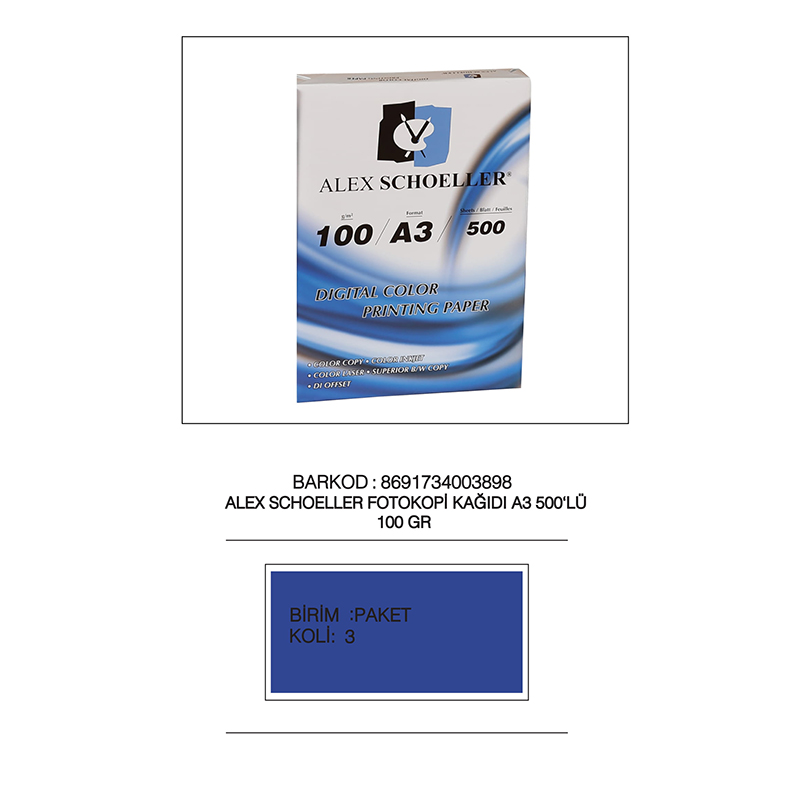 ALEX ALX-100 FOTOKOPİ KAĞ.A3 100GR 500LÜ