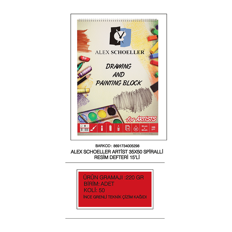 ALEX ALX-298 RESİM DEFTERİ 35X50 SPİRALLİ 220GR 15YP