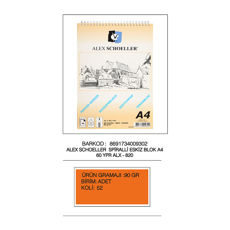 ALEX ALX-820 ESKİZ BLOK SPİRALLİ A4 90GR 60YP DİK
