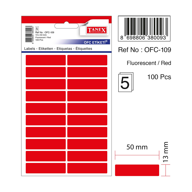 TANEX OFC-109 OFİS ETİKETİ 13X50 FLO KIRMIZI