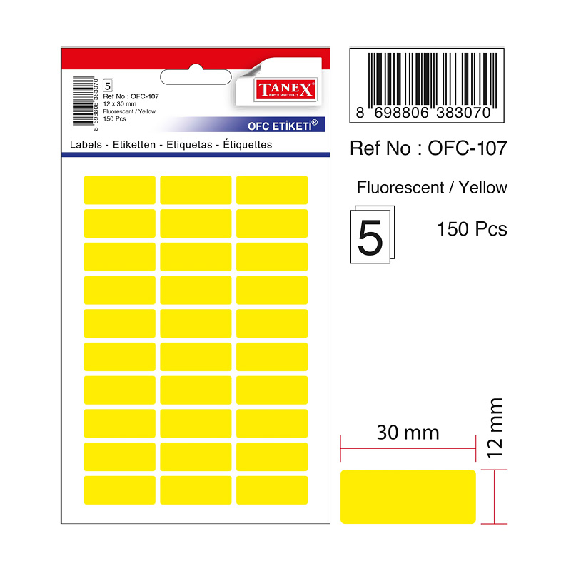 TANEX OFC-107 OFİS ETİKETİ 12X30 FLO SARI
